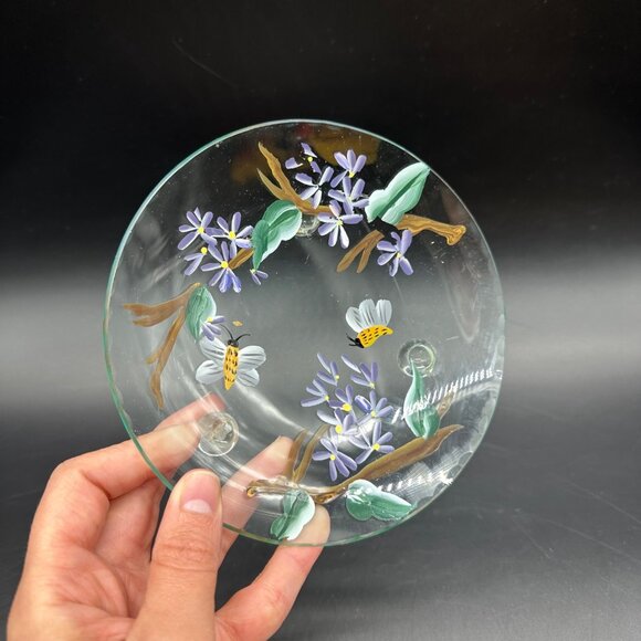 Hand Painted Glass Plate Bees Purple Flowers Decorative Floral Botanical Footed - Picture 7 of 9